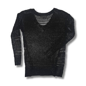 Rock & Republic Black Open Knit Sweater Metallic Sheen V Neck Pullover S